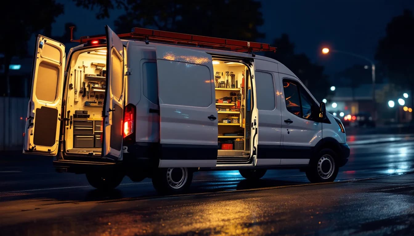 Mobile locksmith van at night with amber work lights on a city street