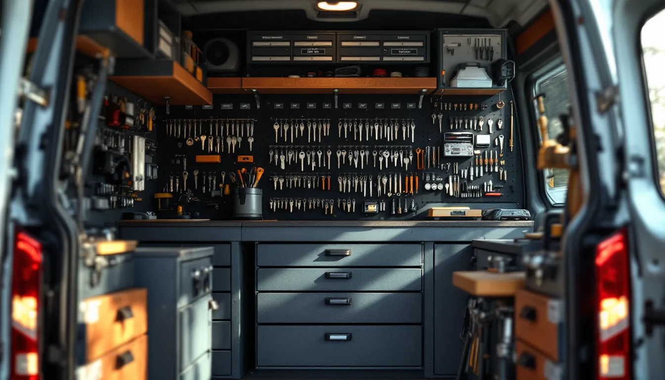 Organized tool and key-blank shelves inside a locksmith work van