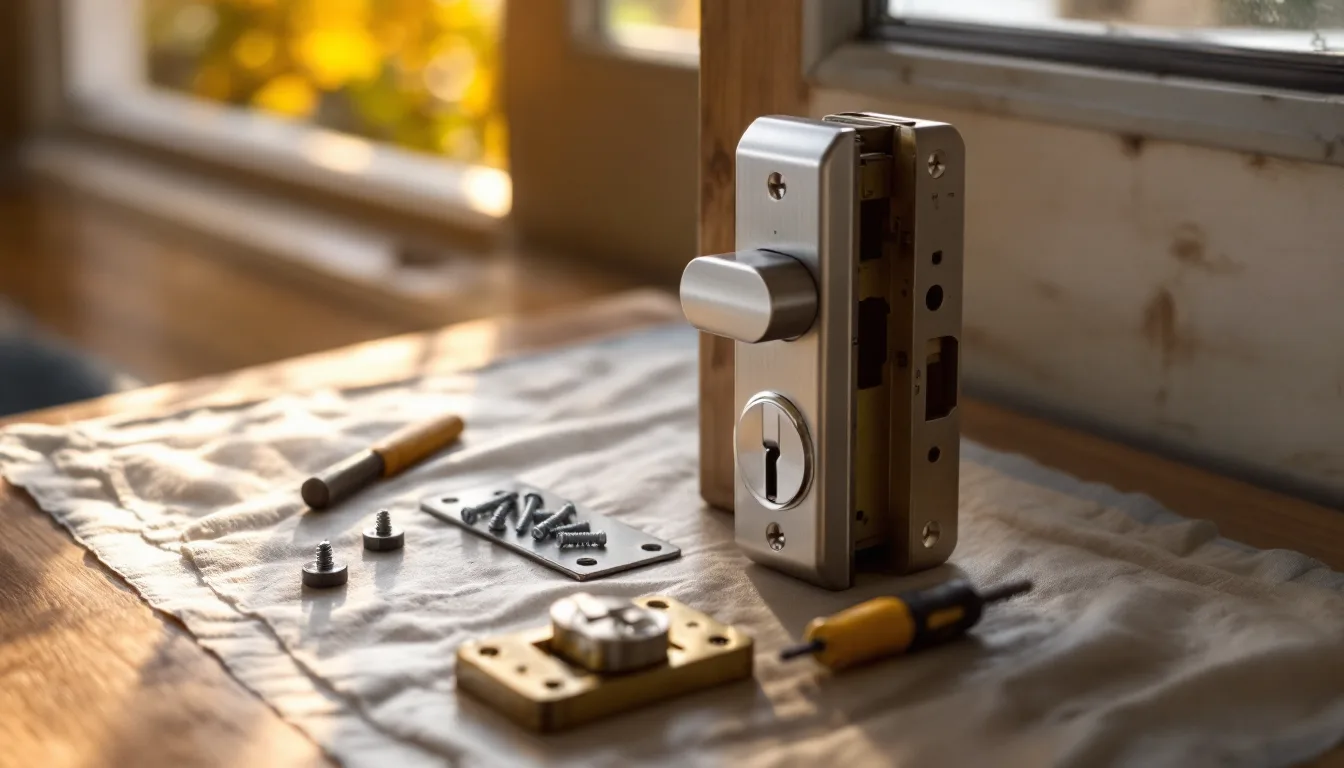 New deadbolt and hardware laid out beside a front door being fitted
