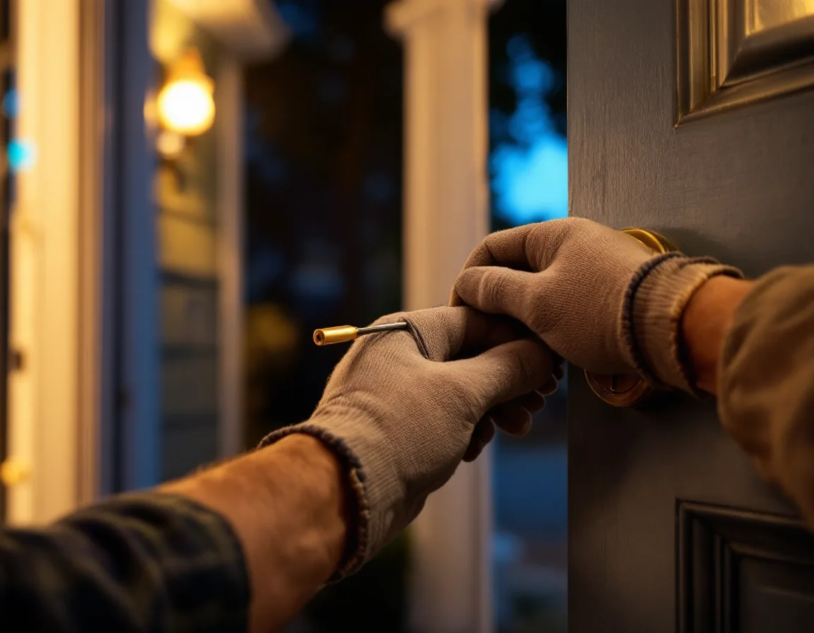 Locksmith rekeying a front-door deadbolt at dusk, work light on the pin kit